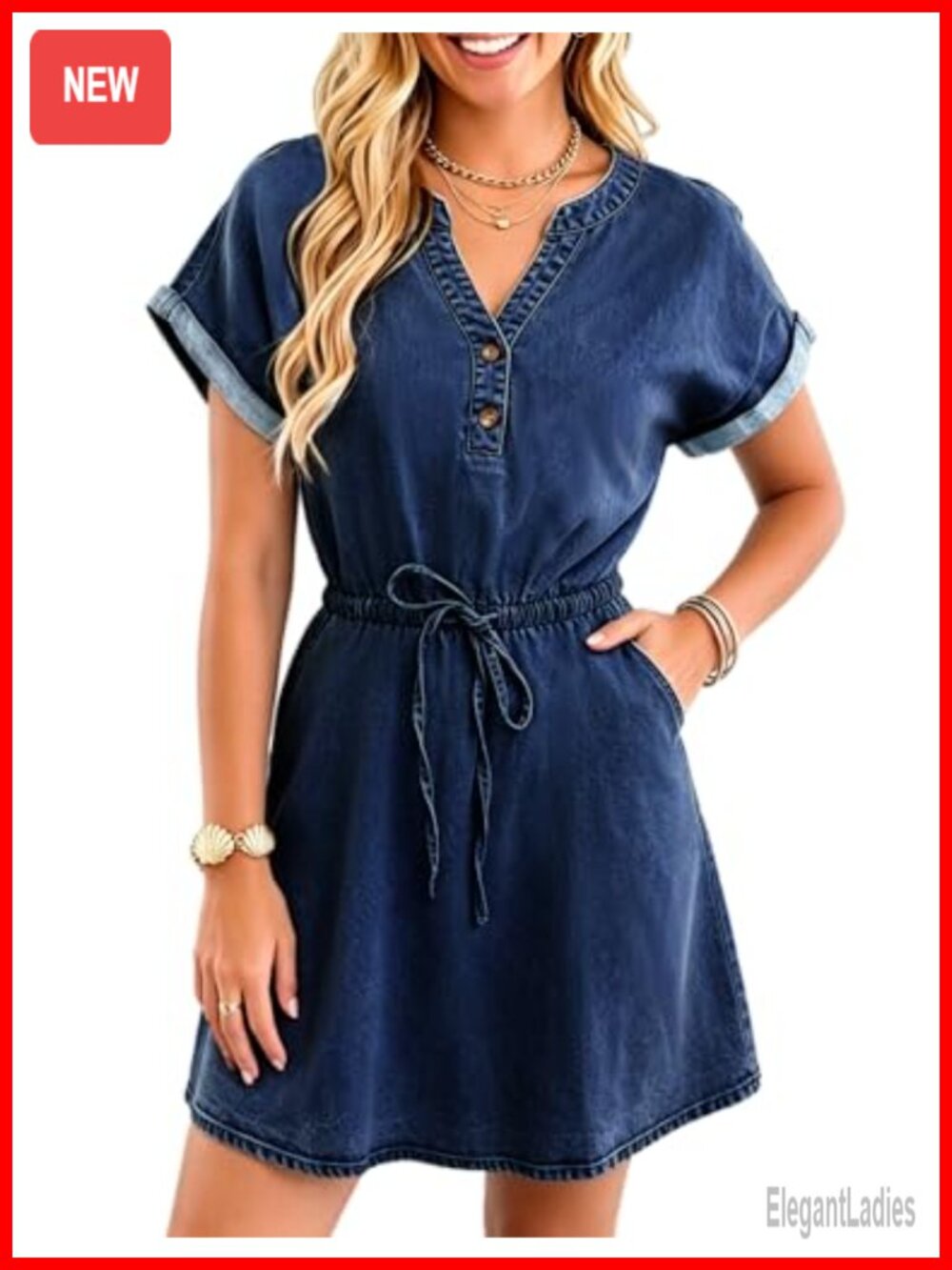 Soft Stretch Denim Mini Dress Short Sleeve Notch V Neck Cinched Waist Womens